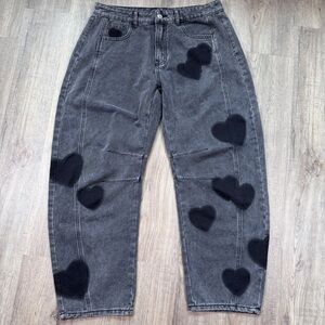 Dark Gray Jeans with Black Hearts - High Rise with Tapered Legs - Size Large